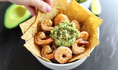 Delicious shrimp served in a tortilla bowl with fresh guacamole and avocado slices on a dark wooden surface