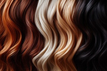 Fototapeta premium variety of hair colors from natural to balayage shades, close-up of wavy hair texture with blonde, brunette, red, and black tones hairstyling