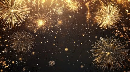 Naklejka premium New Year s Eve celebration background with a panoramic view of golden fireworks illuminating the dark night sky