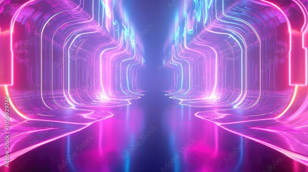 Leinwandbilder 3D rendering featuring glowing lines and neon lights in an abstract psychedelic background with vibrant ultraviolet pink and blue hues