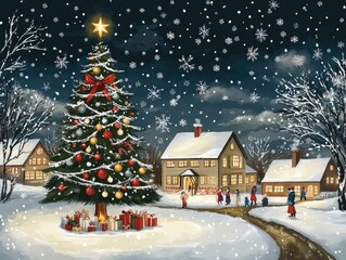 Fototapeta premium Large Christmas tree in snowy cozy town center with festive spirit