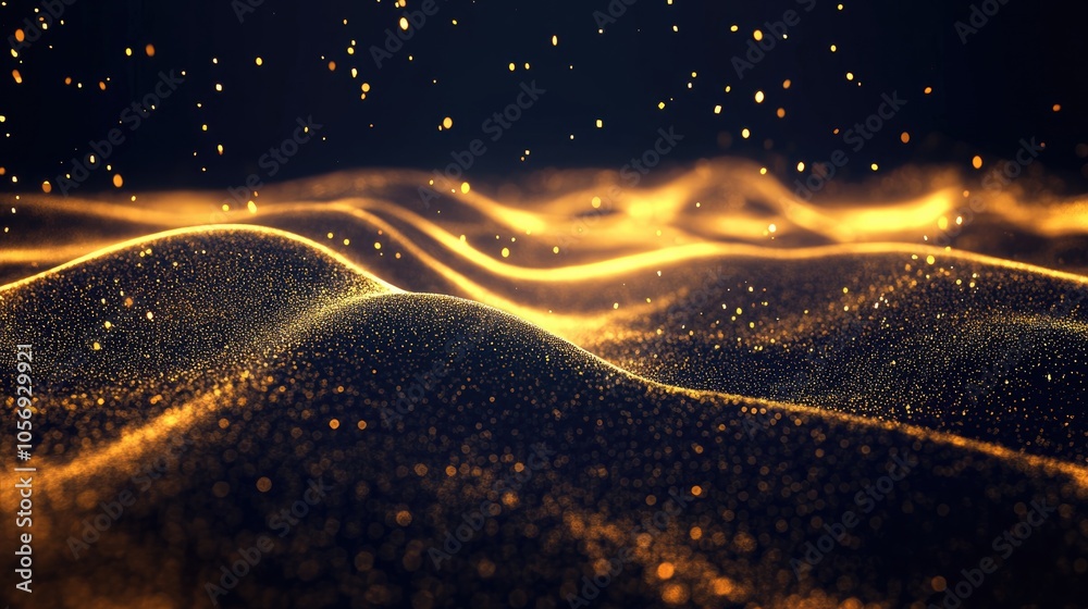 Poster Abstract light background featuring digital gold particle waves shimmering floor star like dust and luxurious futuristic golden sparkle on a dark backdrop