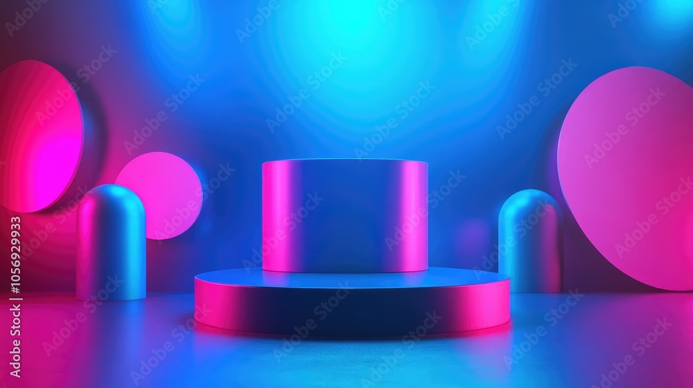 Poster Surreal abstract scene featuring an empty stage with a cylindrical podium and circular shapes against a neon blue background ideal for displaying cosmetic and beauty product packaging mockups