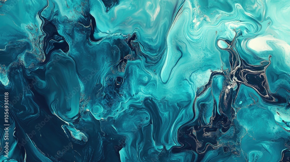 Poster abstract mint and blue fluid art design featuring a holographic metallic foil texture with scratches