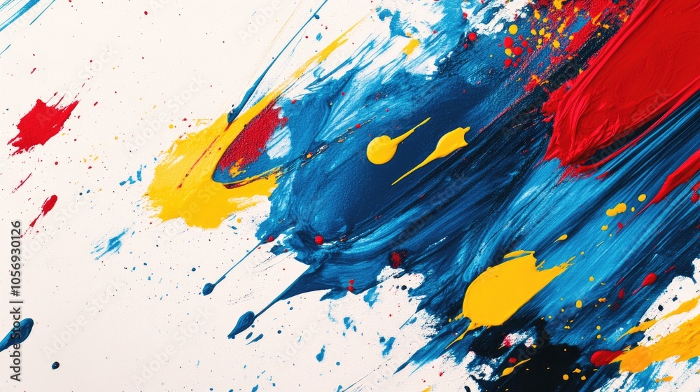 Poster acrylic paint background banner featuring abstract strokes and splash stains of blue red and yellow 