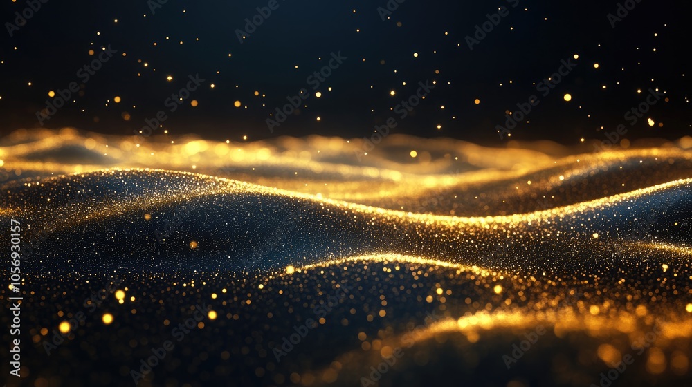 Aufkleber Abstract light background featuring digital gold particle waves shimmering floor star like dust and luxurious futuristic golden sparkle on a dark backdrop