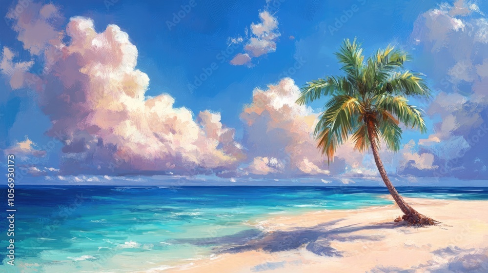 Poster a tranquil tropical beach featuring a palm tree crystal clear water and soft clouds against a vibran