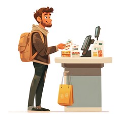 Cartoon man checking out items at a cashier on a white background.