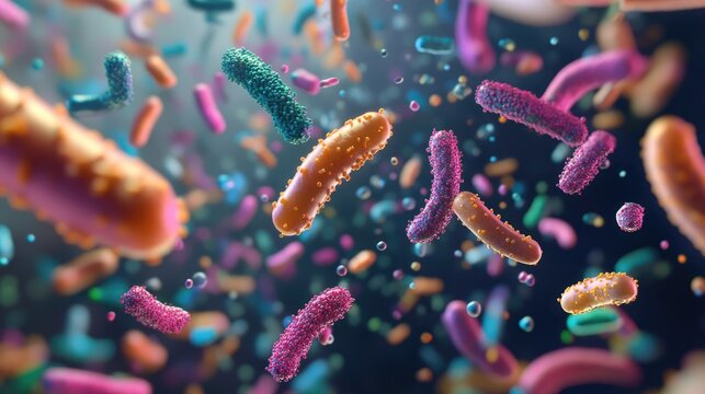 A 3D representation showcasing various beneficial bacteria strains such as Lactobacilli Bifidobacteria Enterococci and Streptococci
