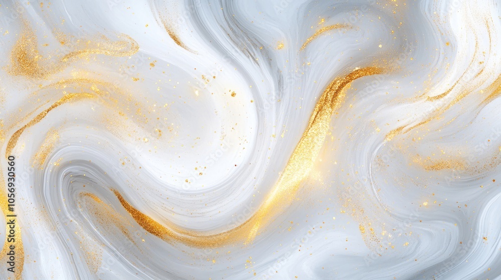 Aufkleber abstract painting featuring a swirling pattern in gold and white adorned with shimmering gold specks