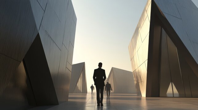 A lone figure walks through a modern architectural landscape, embodying solitude and ambition under a warm sunrise glow.