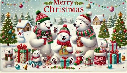 A playful polar bear family celebrating Christmas illustration