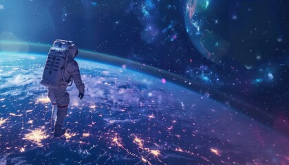 Obraz premium Astronaut Gazing at Earth from Space with City Lights and Stars