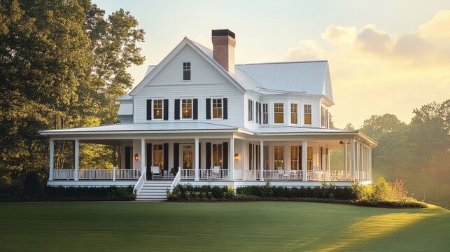 Large white southern house with a wrap around porch and green grass