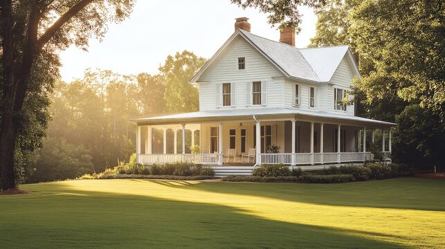 Large white southern house with a wrap around porch and green grass