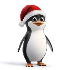 Fototapeta premium A cute cartoon penguin wearing a Santa hat on a white background.