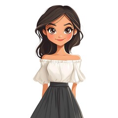 Cartoon girl in an off-shoulder blouse and skirt on a white background.