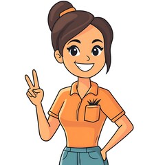 Cartoon employee giving a peace sign and smiling on a white background.