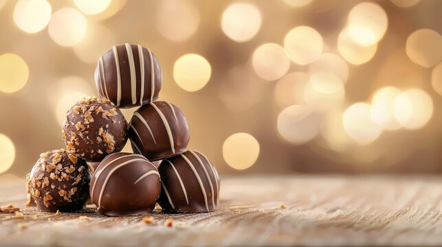 A stack of chocolate truffles on a wooden table - Powered by Adobe
