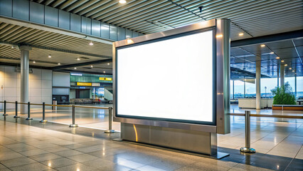 Empty advertising billboard in a spacious airport terminal, featuring sleek design and bright lighting.