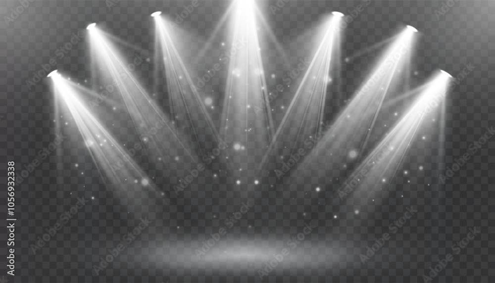 Poster Background with bright spotlights. Illuminated transparent place. Background for product demonstration. Bright spotlight beams, shimmering shiny particles. Vector