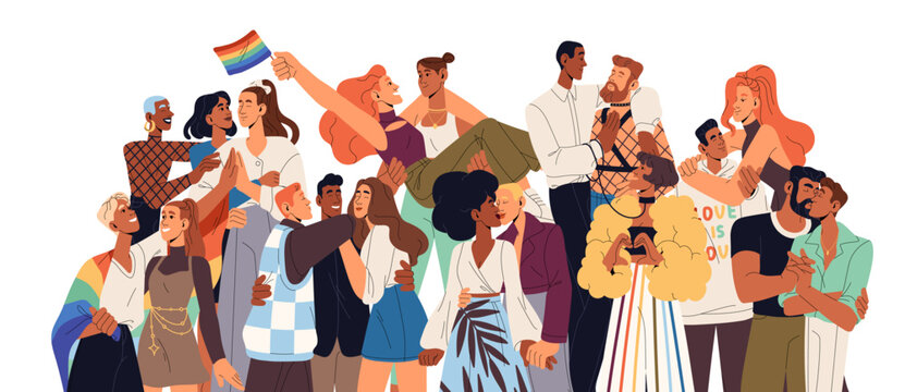 LGBT community group portrait. Homosexual couples with rainbow flag. LGBTQ people celebrate queer festival together. Crowd of lesbians, gays love, hug, kiss. Flat vector illustration isolated on white