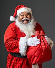 Half-Body Shot of Joyful Young Indigenous Santa Laughing While Holding a Big Red Christmas Bag of Presents
