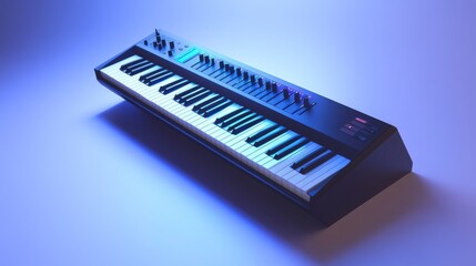 A modern keyboard synthesizer with illuminated keys and various controls, set against a vibrant blue background ideal for music production.