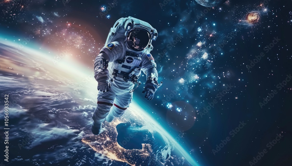 Poster astronaut floating above earth in outer space