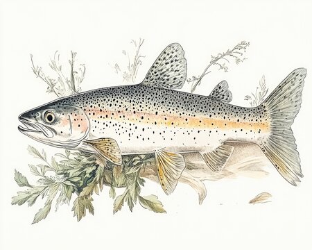 Old-school vintage drawing of an Alaskan rainbow trout fish