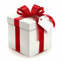 A white gift box with a red ribbon and tag, isolated on a plain background