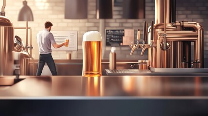 A person contemplates a beer menu in a modern brewery, showcasing craft beer and copper brewing equipment in a cozy atmosphere.