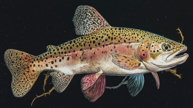 Old-school vintage drawing of an Alaskan rainbow trout fish