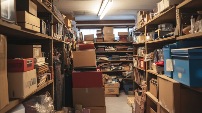A cluttered storage area filled with stacked boxes and various items, creating a sense of disorganization.