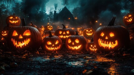 Spooky Halloween scene with glowing jack-o'-lanterns at night.