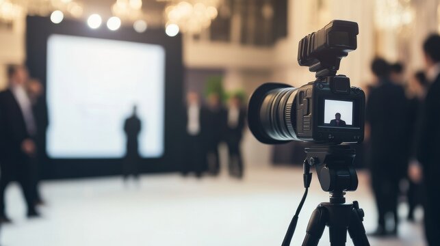 A professional camera setup on a tripod, capturing a formal event with blurred attendees in the background.