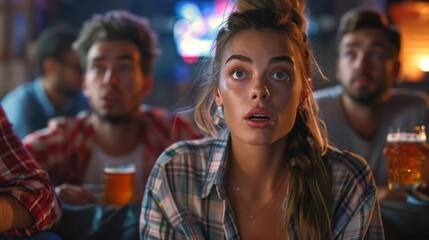 Group of friends watching a football match and drinking beer at night club
