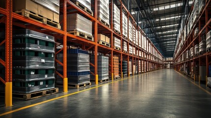 Fototapeta premium A spacious warehouse filled with stacked pallets and organized shelves.