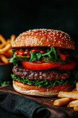 Juicy Burger with Lettuce, Tomato, and Fries: A Gourmet Fast Food Delight