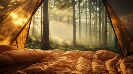 A cozy tent interior with a soft bed, overlooking a serene forest bathed in golden sunlight, creating a tranquil camping atmosphere.