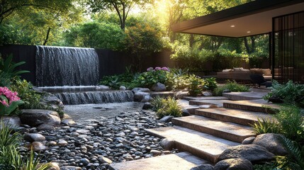 Obraz premium Serene garden with a waterfall, stone path, and lush greenery.