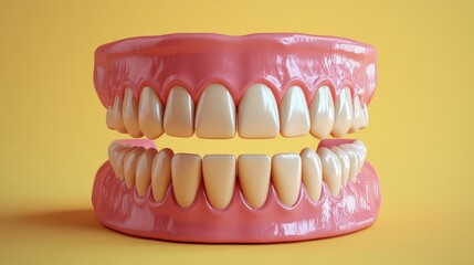 Obraz premium A dental model showcases dental implants alongside natural teeth, highlighting their placement and aesthetic appeal in a vibrant yellow setting