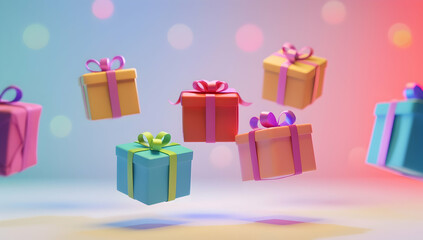 4 cute, colorful gift boxes jumping on a white background