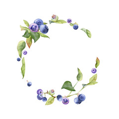 Blueberry blackberry bunch with green leaves on branch, hand drawn in watercolor, ripe forest berry. Isolated botanical illustration wreath garland frame for recipe book, wedding menu, farmers market