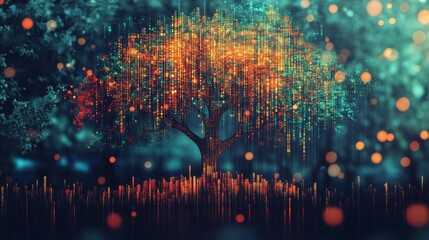 Fototapeta premium A Cityscape Tree Made of Digital Code and Lights