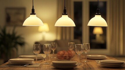 Three bright pendant lamps bring warmth to a wooden dining table with plates and glasses, perfect for a modern and inviting dining room