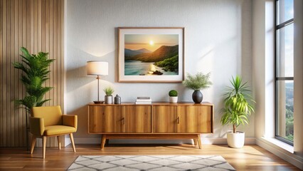 Modern Living Room with Bokeh Effect, Horizontal Frame Mockup, Blank Artwork Frame on White Wall, Stylish Wooden Cupboard Display, Contemporary Interior Design, Minimalist Decor