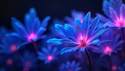 Blue flowers with neon pink centers against dark background
