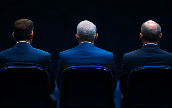 Three men in suits sitting back to back against a dark background, portraying themes of teamwork, collaboration, and business strategy.