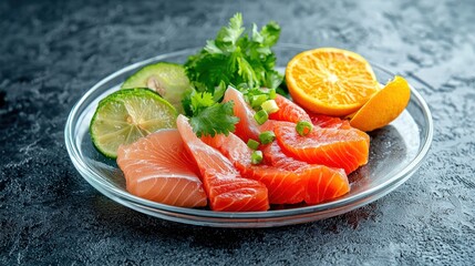 A plate of food with salmon, orange slices, and green herbs